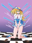  alice_(wonderland)_(cosplay) alice_in_wonderland apron between_thighs blonde_hair blush breasts card cards checkered checkered_floor choker cleavage cosplay crossover dark_magician_girl duel_monster green_eyes hat huge_breasts large_breasts legs long_hair lying_card miniskirt ribbon skirt skirt_tug smile solo thigh-highs thighhighs v_arms wslasher yu-gi-oh! yuu-gi-ou yuu-gi-ou_duel_monsters 