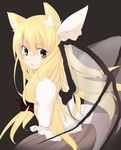  animal_ears bad_id bad_pixiv_id black_background blonde_hair cat_ears face hair_ribbon kemonomimi_mode kuroi_mizore kurumi_(touhou) long_hair looking_back ribbon simple_background solo touhou touhou_(pc-98) wings yellow_eyes 