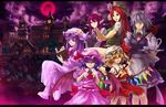  bat_wings blonde_hair blue_hair book braid china_dress chinese_clothes dress flandre_scarlet full_moon guchico hat highres hong_meiling izayoi_sakuya koakuma long_hair maid moon multiple_girls patchouli_knowledge ponytail purple_eyes purple_hair red_eyes red_hair red_moon remilia_scarlet scarlet_devil_mansion short_hair side_ponytail silver_hair touhou twin_braids wings 