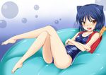  animal_ears arcana_heart backpack bag barefoot blush brown_eyes cat_ears crossed_arms crossed_legs daidouji_kira fang legs lying one-piece_swimsuit randoseru school_swimsuit shimo_(depthbomb) shiny shiny_clothes solo swimsuit 