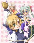  3girls blush bodysuit dress einhart_stratos fur_trim gift green_hair heart heterochromia kotaken light_brown_hair lily_strosek long_hair lyrical_nanoha mahou_senki_lyrical_nanoha_force mahou_shoujo_lyrical_nanoha_vivid multiple_girls older sacred_heart side_ponytail sweatdrop thoma_avenir twintails valentine vivio 