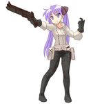  belt blue_eyes chunpai collarbone cosplay final_fantasy final_fantasy_tactics frown gloves gun hair_ribbon highres hiiragi_kagami holster long_hair lucky_star purple_hair ribbon simple_background solo tsurime twintails weapon 