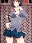  bow bowtie breasts brown_hair chain-link_fence cleavage durarara!! fence glasses impossible_clothes impossible_shirt large_breasts niwatori_kokezou school_uniform shirt solo sonohara_anri sword untied weapon 