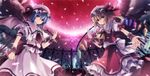  6u_(eternal_land) bad_id bad_pixiv_id bat_wings blonde_hair blood blue_hair cross expressionless fence flandre_scarlet from_below hands hat light_smile looking_at_viewer moon multiple_girls outstretched_arm outstretched_hand petals red_eyes red_moon remilia_scarlet short_hair siblings side_ponytail sisters smile touhou wings 