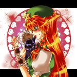  1girl blue_eyes bow braid chibi crossover hair_bow hat hetero hong_meiling krizalid long_hair m.u.g.e.n miniboy red_hair sweatdrop the_king_of_fighters tobi_(discharge_cycle) touhou twin_braids 