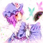  bad_id bad_pixiv_id blush bug butterfly fan hat highres insect japanese_clothes looking_back nail_polish neo1031 pink_hair red_eyes red_nails saigyouji_yuyuko short_hair solo touhou 
