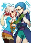  1girl asuda bad_id bad_pixiv_id blue_eyes blue_hair blue_shirt copyright_name elbow_gloves glasses gloves grey_eyes hubert_ozwell multicolored_hair pascal red_hair scarf shirt tales_of_(series) tales_of_graces two-tone_hair white_hair 