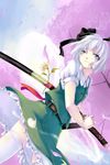  black_hairband blue_eyes hairband highres hikarumiao katana konpaku_youmu konpaku_youmu_(ghost) short_hair silver_hair solo sword touhou weapon 