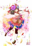  akeboshi_kagayo alternate_costume bad_id bad_pixiv_id brown_hair colorful dancing detached_sleeves floral_print flower hair_flower hair_ornament hakurei_reimu highres loafers outstretched_arms palette pantyhose petals red_eyes shoes smile solo spread_arms touhou wrist_cuffs 