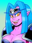  2015 abstract_background armor blue_hair breasts cleavage clothed clothing curtsibling digital_media_(artwork) eyebrows eyelashes female grin hair headband humanoid looking_at_viewer megaskank_mansion open_mouth orange_eyes parody pink_skin simple_background skull solo teeth tongue video_games warcraft watermark white_sclera wowslut 