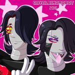 2016 ambiguous_gender android clothed clothing digital_media_(artwork) duo gay-albino-robot hair half-closed_eyes humanoid looking_at_viewer low_res machine mettaton monster not_furry open_mouth robot smile teeth tongue tongue_out underfell undertale video_games 
