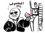  2016 balls bone clothed clothing dialogue digital_media_(artwork) duo food hotlegmeme machine male male/male mettaton monster not_furry open_mouth penis robot sans_(undertale) simple_background skeleton smile text undead undertale video_games 
