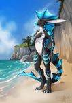  anthro beach dragon featureless_crotch male nude outside rotarr seaside smile solo striped_tail 
