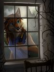  2016 abandoned anthro blackteagan blue_eyes camera canine chair clothed clothing coyote feathers female house inside kohi_(waruikoohii) mammal smile solo standing window 