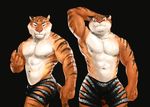  2016 ^69 abs anthro armpits beckoning biceps black_fur bulge claws clothed clothing disney duo feline flexing front_view fur glitter hand_behind_head hi_res looking_at_viewer male mammal muscular muscular_male navel nipples orange_fur pecs pink_nose raised_arm shorts skimpy standing stripes stripper_tiger_(zootopia) tiger topless vein white_fur zootopia 