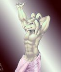  abs anthro asriel_dreemurr athletic caprine clothed clothing front_view goat hi_res horn male mammal navel pecs penis penis_base pinup pose seyrmo signature solo standing stretching topless towel undertale video_games 