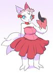  breasts claws clothed clothing female fur hi_res itsunknownanon maid_uniform nintendo pok&eacute;mon red_fur ribbons shadow simple_background solo standing uniform video_games white_fur zangoose 
