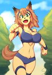  2016 anthro breasts canine cleavage clothed clothing dog fangs female green_eyes headband hi_res looking_at_viewer mammal monster_musume navel polt_(monster_musume) running skecchiart solo wristband 