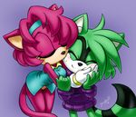  2010 age_difference blush bottomless cat chibi-jen-hen clothed clothing cute duo eyes_closed feline female hoodie jade_the_cat kissing mammal raccoon ruby_the_raccoon shirt smile sonic_(series) wide_hips 