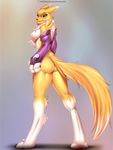  2016 anthro big_breasts black_sclera blue_eyes breasts bridal_gauntlets butt canine chest_tuft digimon doomthewolf facial_markings featureless_breasts female fox fur hi_res looking_at_viewer looking_back mammal markings mostly_nude rear_view renamon solo tuft white_fur yellow_fur 