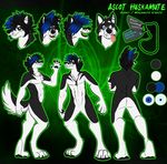  anthro ascot ascot_huskamute athletic black_fur black_hair black_nose blue_eyes blue_hair canine dog dog_tags ear_piercing electrocat fangs fur hair heterochromia hi_res huskamute husky hybrid malamute male mammal model_sheet nude piercing smile solo teeth white_fur 