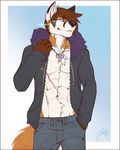  2015 abs anthro blue_eyes canine chest_tuft clothed clothing feralise fox fur_collar glowing glowing_eyes jacket jewelry looking_at_viewer male mammal necklace open_shirt sketch solo standing tuft 