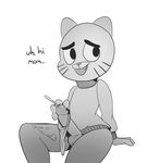  anthro cartoon_network cat clothed clothing cum cum_on_leg cum_on_self cumshot dialogue feline fridge_(artist) gumball_watterson male mammal masturbation monochrome orgasm panties penis solo text the_amazing_world_of_gumball underwear 