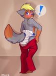  ! anthro blonde_hair blue_eyes blush canine clothed clothing diaper hair male mammal pants partially_clothed simple_background solo standing standing_on_one_foot strawberryneko teeth 