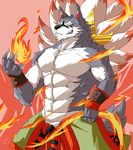  2015 abs anthro biceps canine claws clothed clothing digital_media_(artwork) fur grey_fur kadzu male mammal muscular muscular_male pecs solo standing topless white_fur wolf wristband 