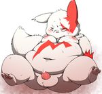  2015 abstract_background anthro areola balls big_areola blush butt censored chest_tuft cum cum_on_penis erection fangs fluffy_tail long_tail male moobs mosaic_censorship nervous nintendo nipples nude obese open_mouth overweight pawpads penis pok&eacute;mon precum reclining reki_(artist) sitting small_penis solo spread_legs spreading tapering_penis teeth tuft video_games zangoose 