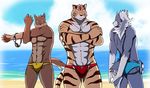  abs anthro bearlovestiger13 biceps canine clothing digital_media_(artwork) dog feline gou_(character) group himitsuri_no_lagoon male mammal muscular muscular_male nipples pecs swimsuit tiger wolf yuujirou_(character) 