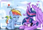  2016 blush duo equine eyes_closed feathered_wings feathers female feral friendship_is_magic grin hair hi_res horn mammal multicolored_hair multicolored_tail my_little_pony one_eye_closed pegasus rainbow_dash_(mlp) rainbow_hair rainbow_tail recording twilight_sparkle_(mlp) vago-xd winged_unicorn wings young 