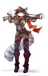  anthro boots cat clothed clothing eyewear feline female footwear goggles gun hi_res looking_at_viewer mammal pouch ranged_weapon scarf simple_background solo standing weapon white_background zero-sum 