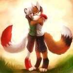  anthro barefoot canine clothed clothing duo eyes_closed fox fur grass hug kissing male mammal markings shorts side_view sky socks_(marking) standing thanshuhai unknown_species 