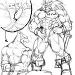  abs akuann anthro balls biceps boots bound capcom clothing digital_drawing_(artwork) digital_media_(artwork) duo erection face_on_penis feline footwear japanese_text leo_(red_earth) lion male male/male mammal masturbation monochrome muscular nipples nude pecs penis red_earth reptile scalie simple_background sketch standing text translation_request video_games white_background 
