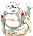  2015 abstract_background anthro areola balls big_areola big_butt blush butt canine censored claws clothed clothing crossgender fangs flaccid fluffy_tail fox gingitsune half-closed_eyes haru_(gingitsune) humanoid_penis japanese_clothing male mammal moobs mosaic_censorship nipples obese one_eye_closed open_mouth open_shirt overweight pants_down partially_clothed penis reki_(artist) skimpy small_penis smile solo standing teeth thick_thighs tongue undressing wink 