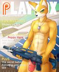  2016 abs anthro biceps canine cover dog_tags english_text fox fox_mccloud green_eyes gun hi_res holding_object looking_to_viewer lysergide magazine_cover male mammal muscular nintendo nipples nude patreon pecs penis ranged_weapon rifle solo star_fox text video_games weapon 