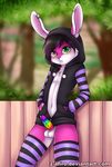  2015 anthro balls blush clothing erection fur genital_piercing girly hair heterochromia hi_res hoodie lagomorph legwear male mammal multicolored_penis penis piercing rabbit rainbow_penis socks solo standing z-afiro 