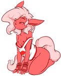  2016 anthro black_nose bottomless breasts cinnamon_swirl clothed clothing duckdraw eeveelution exposed_breasts female fingerless_gloves flareon fur gloves glowing glowing_eyes hair kneeling looking_at_viewer nintendo off_shoulder pink_hair pok&eacute;mon pubes red_eyes red_fur red_theme shirt simple_background small_breasts solo tank_top video_games white_background 