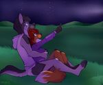  2013 5_fingers anthro black_hair blue_eyes breasts canine clothed clothing diaper duo female fox grass hair hoodie hug male mammal open_mouth partially_clothed pointing purple_eyes red_hair shirt shorts sitting sky smile star strawberryneko teeth 