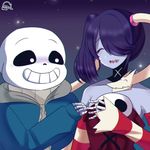  animated_skeleton bone clothing dragon eyes_closed female grin hair hair_over_eye hoodie human hyeon2 leviathan_(skullgirls) male mammal sans_(undertale) skeleton skullgirls smile squigly stitches undead undertale video_games zombie 