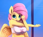  2016 anthro anthrofied clothed clothing equine feathered_wings feathers female fluttershy_(mlp) friendship_is_magic hair long_hair looking_at_viewer mammal my_little_pony pegasus purple_hair rodrigues404 smile solo stretching wings yellow_skin 