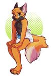  4_toes 5_fingers anthro canine clothed clothing collar diaper fox green_eyes male mammal partially_clothed simple_background sitting smile solo strawberryneko toes 