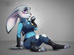  2016 badge blush clothed clothing cute disney eyelashes female fully_clothed fur grey_fur judy_hopps looking_at_viewer police_uniform purple_eyes rotarr short_stack sitting solo tight_clothing uniform zootopia 