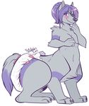  4_fingers 4_toes blush breasts canine clothed clothing diaper eye_patch eyewear female fur hair mammal navel partially_clothed purple_eyes purple_hair simple_background smile solo strawberryneko taur toes white_background 