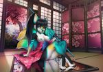  2016 anthro black_hair breasts canine clothed clothing collaboration female hair heterochromia iskra japanese_clothing kimono mammal mirror nipples partially_clothed pole pussy sitting smile solo wildering 