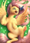  2015 absurd_res arthropod bluespaceling butterfly equine feathered_wings feathers female feral flower fluttershy_(mlp) friendship_is_magic fur grass green_eyes hair hi_res insect lying mammal my_little_pony on_back open_mouth outside pegasus pink_hair plant smile solo spread_wings wings yellow_feathers yellow_fur 