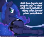  2016 anatomically_correct anatomically_correct_pussy animal_genitalia animal_pussy anus butt cutie_mark dialogue dock english_text equine equine_pussy female feral friendship_is_magic hair half-closed_eyes hooves horn long_hair looking_at_viewer lying mammal my_little_pony patreon princess_luna_(mlp) pussy solo stradivarius text underhoof winged_unicorn wings 