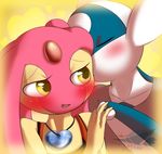 &lt;3 2016 anthro anthrofied blue_skin blush claws clothed clothing duo eyes_closed fan_character female gem hair hi_res kissing latiar latios legendary_pok&eacute;mon male male/female mesprit nintendo open_mouth pink_hair pink_skin pok&eacute;mon pok&eacute;morph shirt simple_background smile solana tongue video_games watermark white_skin yellow_background yellow_eyes yellow_skin 