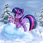  2014 bluespaceling cloud cutie_mark equine feathered_wings feathers female feral friendship_is_magic fur hair hi_res horn looking_at_viewer mammal multicolored_hair my_little_pony one_eye_closed outside purple_eyes purple_feathers purple_fur scarf sky smile snow solo tongue tongue_out tree twilight_sparkle_(mlp) winged_unicorn wings winter 